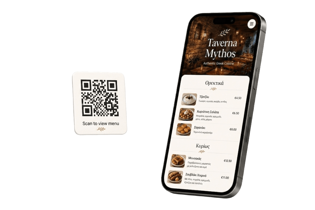 Taverna Mythos mini-site preview with a QR code to view the menu